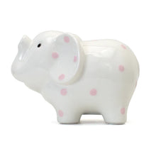 Load image into Gallery viewer, Small White Elephant with Pink Polka Dots Bank
